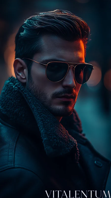 Cinematic low key portrait of man in aviators and shearling coat.