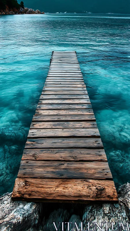 Weathered wooden pier leading into vivid turquoise sea.