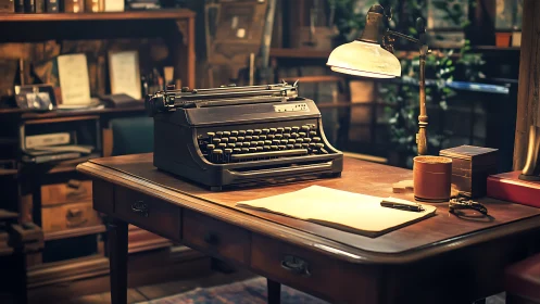 Vintage typewriter on wooden desk in warm study room.