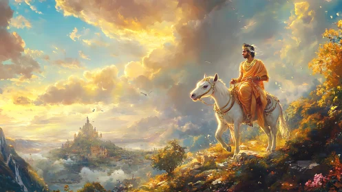 Golden-robed rider surveys distant celestial kingdom at dawn