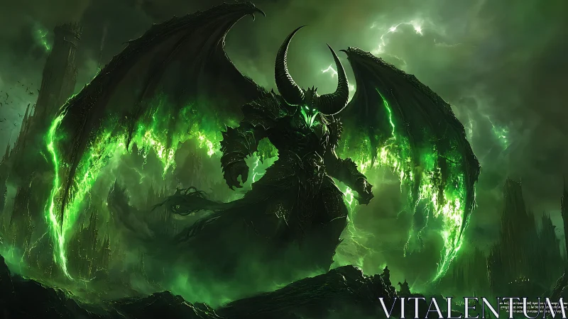 Glowing demon lord rises over a stormy green wasteland