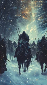 Armored cavalry column crossing snowbound conifer forest at dawn