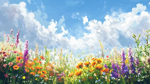 Digital painting of wildflower meadow under luminous summer sky.