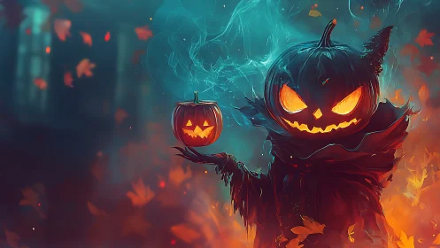 Fiery pumpkin specter with glowing jack o lanterns at night.