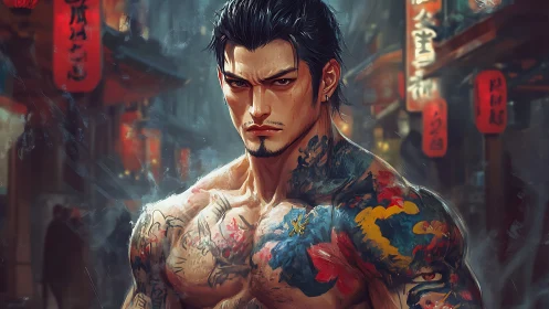 Tattooed male figure stands in lantern-lit urban alleyway