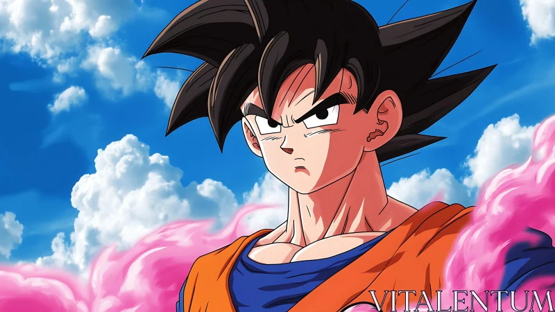 Resolute spiky haired warrior amid vivid pink aura clouds.