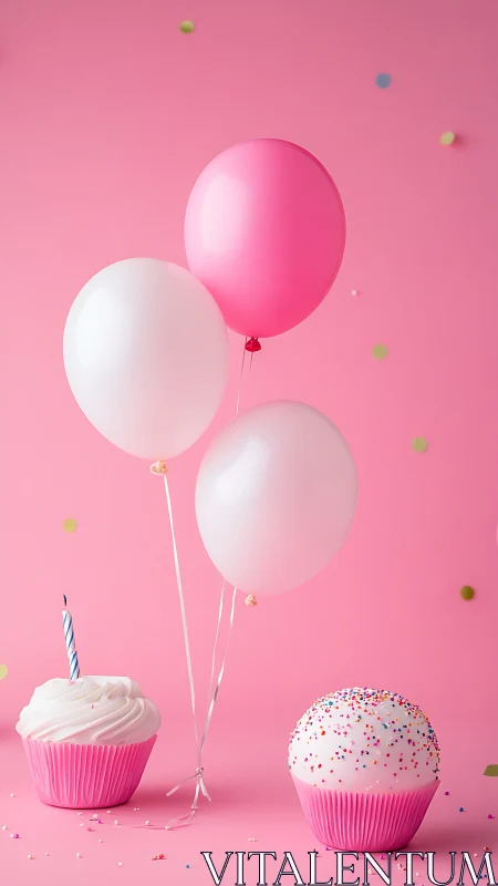 Pastel Birthday Celebration with Balloons and Cupcakes.