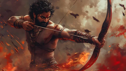 Warrior archer drawing bow amid fire and smoke in battle