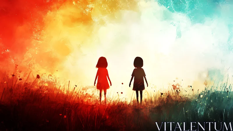 Two silhouetted figures standing in field with dynamic chromatic gradient