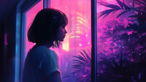 Girl looks through neon lit window at glowing foliage