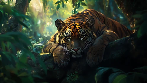 Solitary tiger resting on moss-covered forest log at dusk.