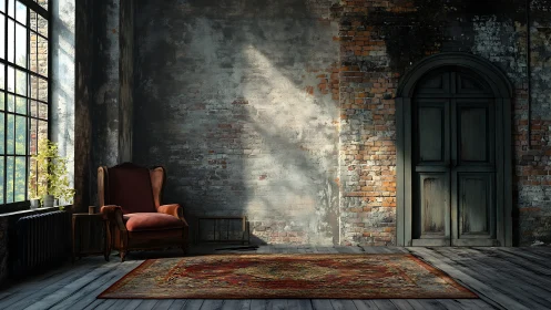 Sunlit velvet chair in a moody brick-walled secret loft.