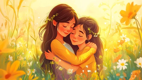 Sisters Hugging in a Sunlit Meadow, Whimsical Cartoon Style.