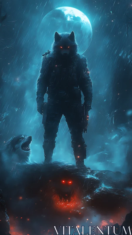 Armored wolf-headed sentinel stands under a rain-soaked moon