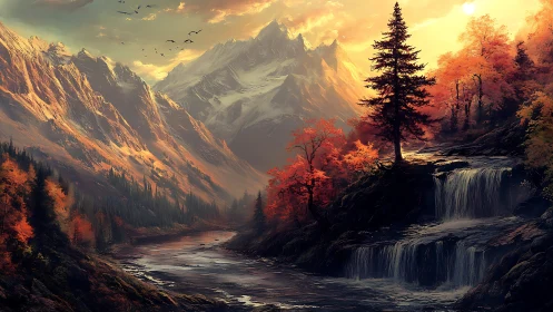 Autumn cascades beneath ember peaks in dreamlit mountain hush.