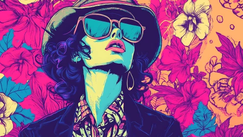 Stylized figure with sunglasses against dense floral backdrop.