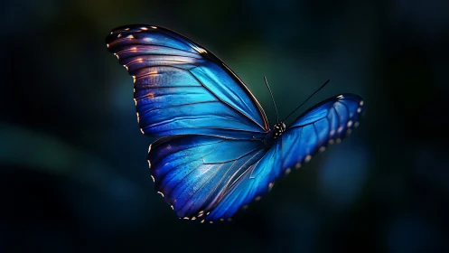 Blue morpho butterfly hovers in dark forest bokeh light