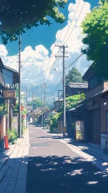 Sunny Japanese side street under vivid summer sky.