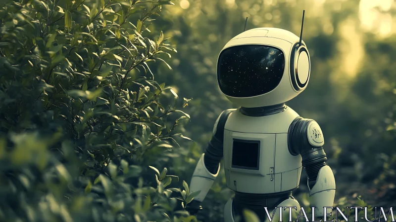 Compact white robot standing in dense green foliage outdoors.