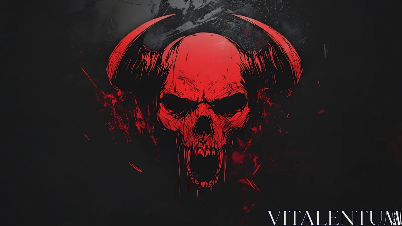 Red demonic skull with curved horns dominates dark background