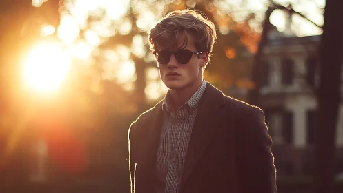 Soft golden hour portrait of a thoughtful young man outdoors.