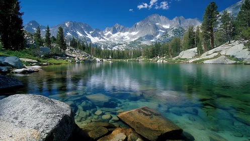 Alpine glacial lake with clear water reflecting snow capped peaks