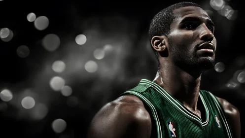 Focused basketball player in green jersey under arena lights.