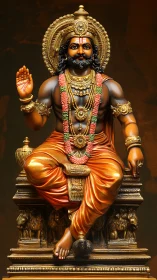 Seated Hindu deity statue with ornate jewelry and gesture.