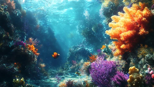 Sunlit coral canyon where playful reef fish wander slowly.