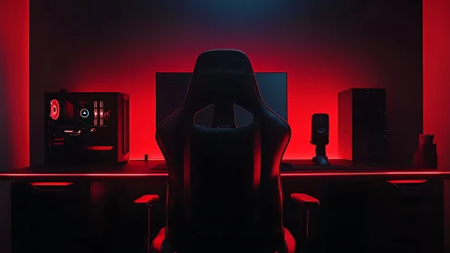 Modern gaming desk setup with red RGB lighting at night.