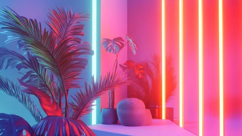 Neon lit tropical plants with cyan magenta gradient illumination
