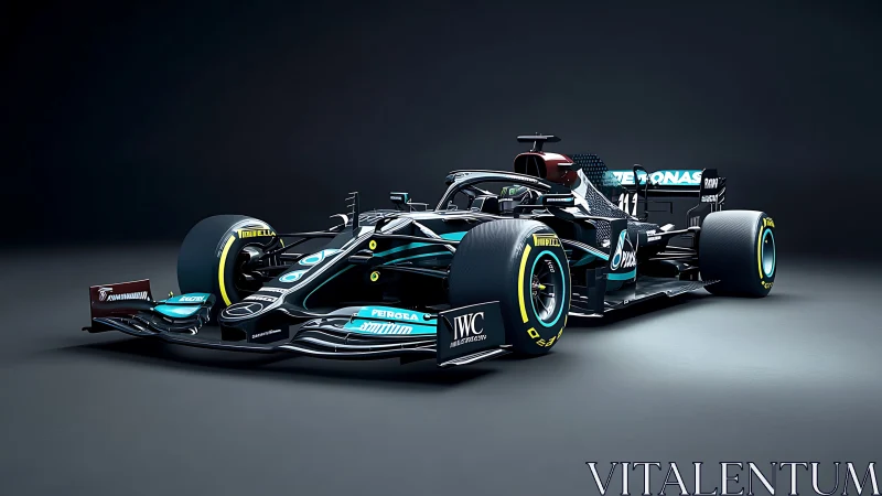 High-gloss Formula One car rendered in dramatic studio lighting