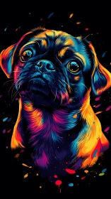 Neon pug portrait glows with vibrant electric color contrasts.