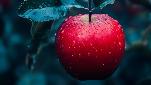 Red apple with water droplets hangs from branch in focus