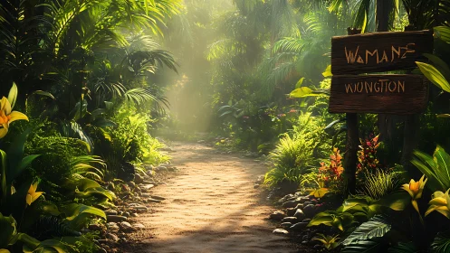 Tropical jungle pathway with wooden welcome sign