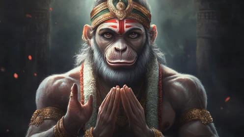 Simian humanoid deity figure holds folded hands in focus