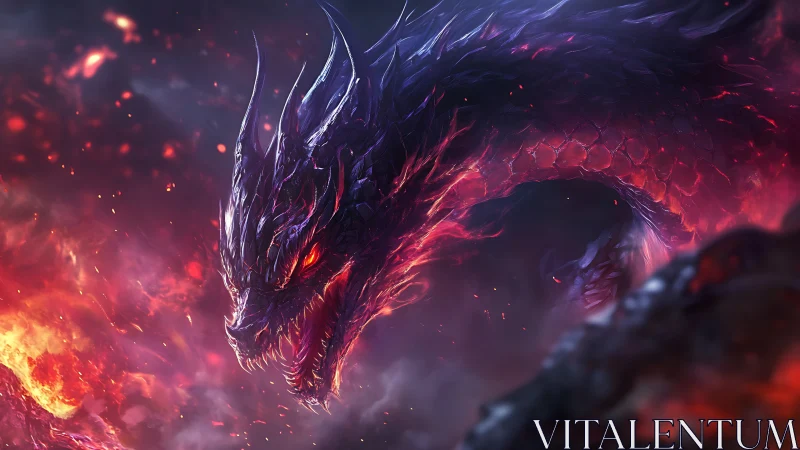 Fiery twilight dragon coiled in swirling cosmic embers.