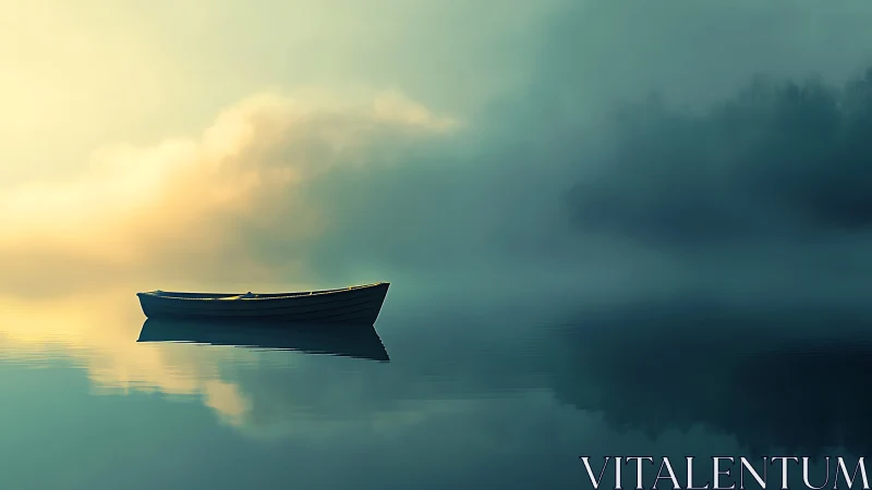 Lone boat drifting through pastel dawn fog and whispered light.