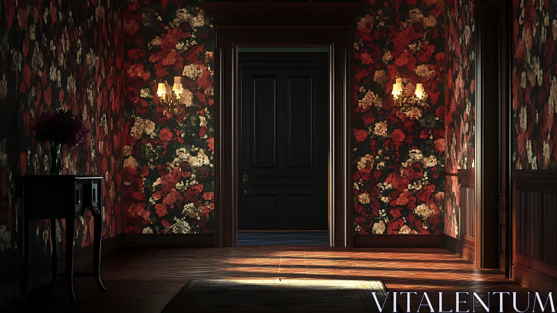 Floral wallpapered hallway glows in moody evening light.