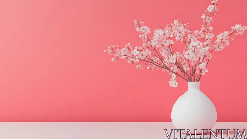 Soft pink blossoms in a white vase on a coral backdrop.