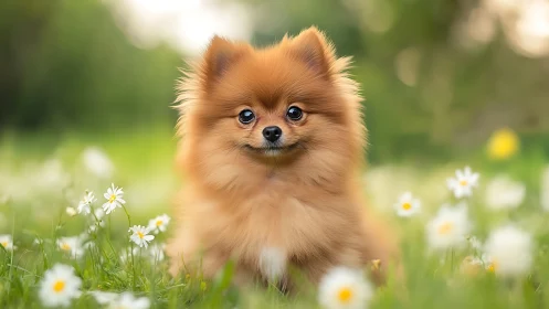 Fluffy Pomeranian puppy sitting in green meadow of daisies.