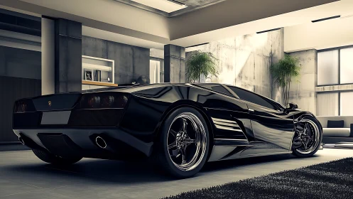 Sleek black supercar resting in a chic concrete loft.
