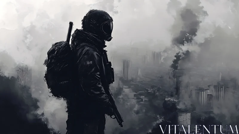 Solitary tactical figure in smoke over damaged cityscape.