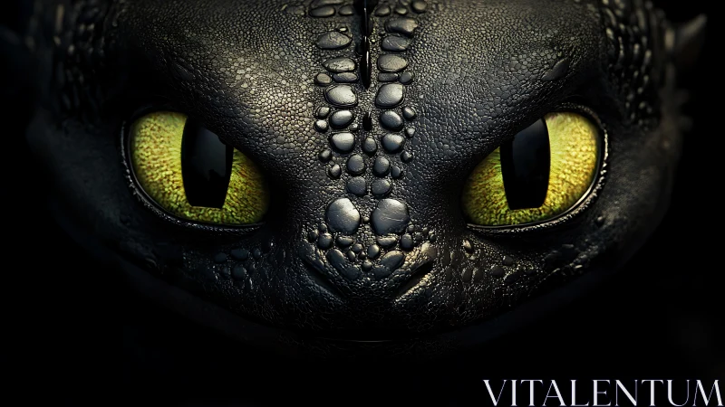 Dragon’s luminous eyes gleam from the shadows in close view