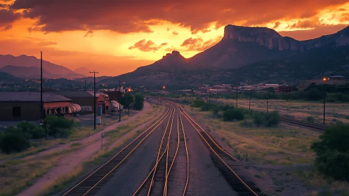 Railway tracks through small town toward distant mesas.