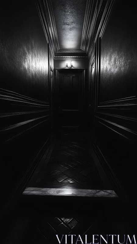 Narrow dark corridor terminates at closed paneled door