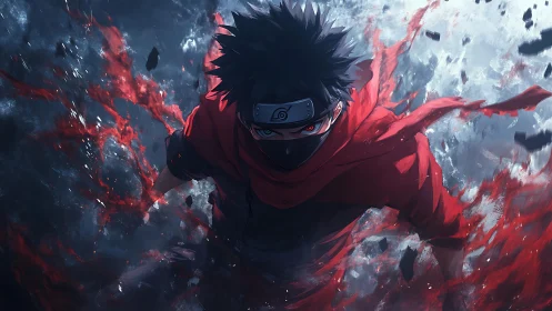 Masked anime warrior surges through swirling red energy.