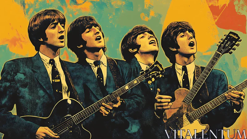 Four suited guitarists sing under vivid abstract backdrop