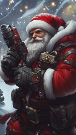 Heavily armed tactical Santa Claus holds sci fi weapon in snow