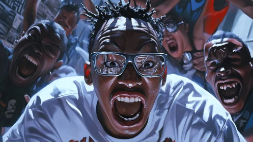 Shouting crowd erupts around wide‑eyed figure in glasses.